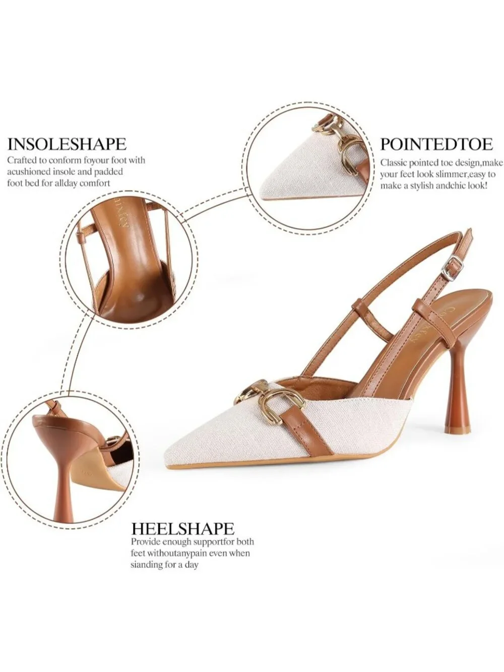 Women's Off White Slingback Pointed Toe Stiletto Heels Shoes Adjustable Buckle